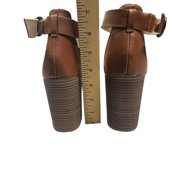 SM New York Brown Faux Leather Block Stacked Heel Ankle Strap Shoes Woven Buckle - Picture 4 of 7